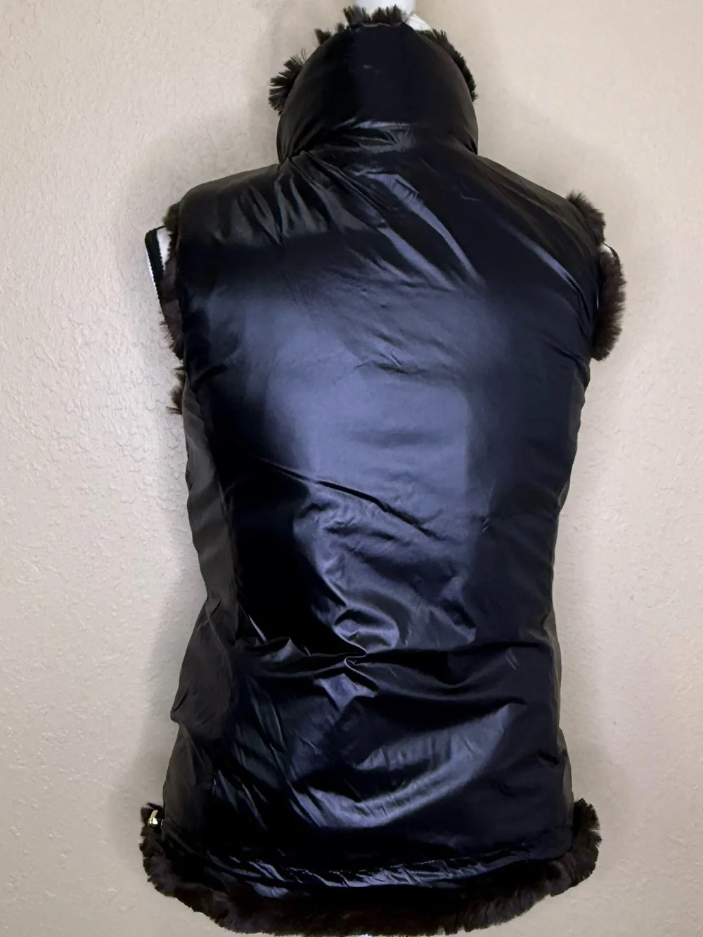 Reversible Via Spiga Chocolate Brown Faux Fur Puffer Vest Womens Zipper Front